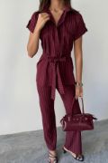 ÇİZGİLİ POLYVİSKON BLUZ - PANTOLON TAKIM - Bordo resmi